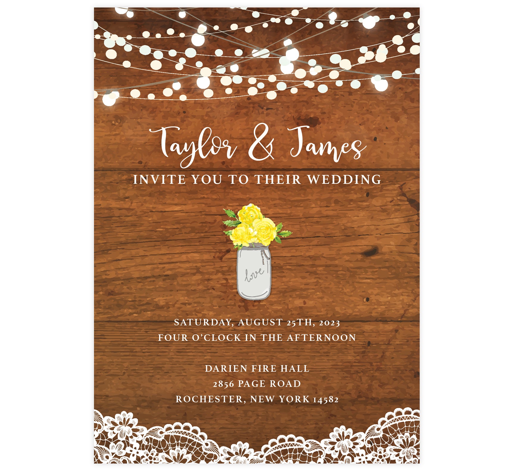 Rustic Glow wedding invitation; woodgrain background with string lights at the top, lace at the bottom edge. White text and yellow flowers