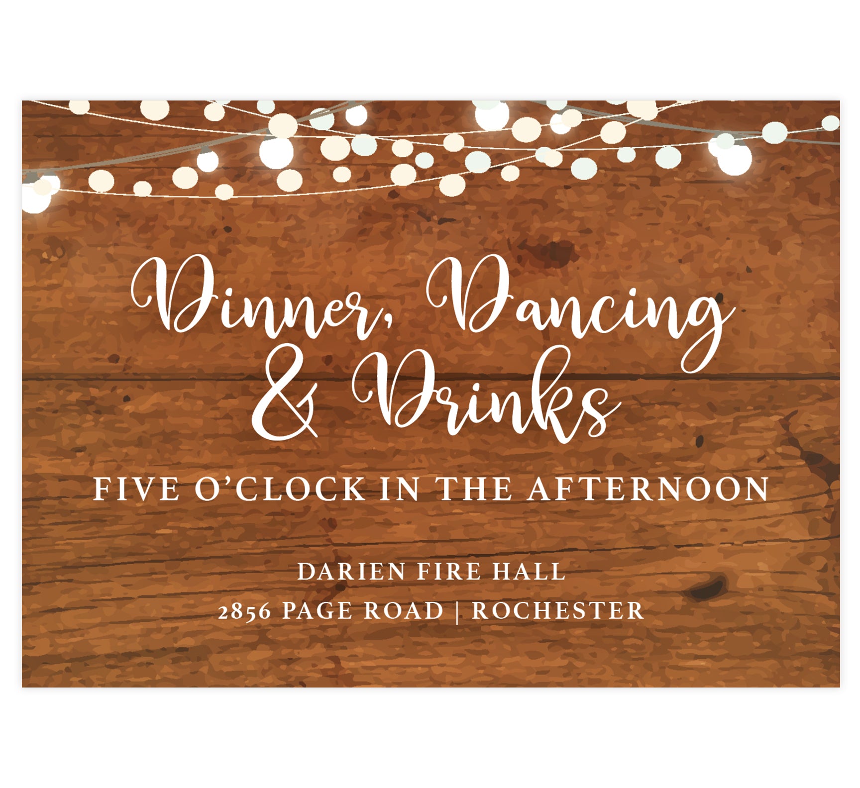 Rustic Glow wedding reception card; brown wood grain background with string lights on the top edge and white text