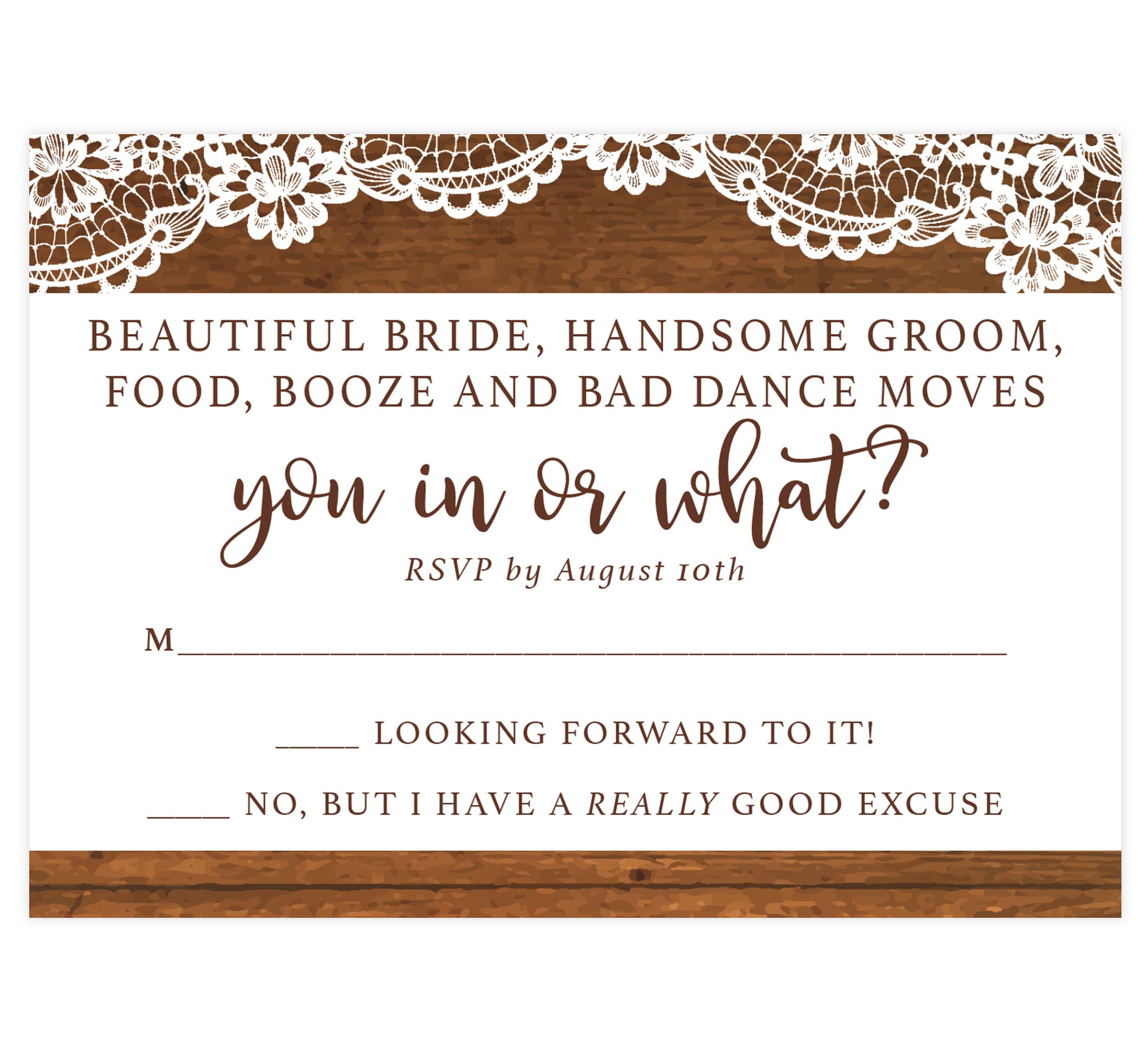 Rustic Glow Wedding Invitation; wood on the top and bottom edges with lace on the top and brown text