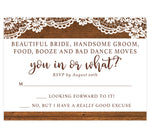 Load image into Gallery viewer, Rustic Glow Wedding Invitation; wood on the top and bottom edges with lace on the top and brown text
