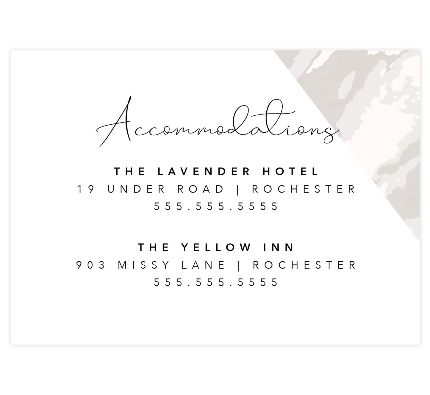 Coral Color Pop Wedding Accommodations/Details Card, White background with marble corner and black text