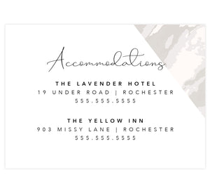 Coral Color Pop Wedding Accommodations/Details Card, White background with marble corner and black text