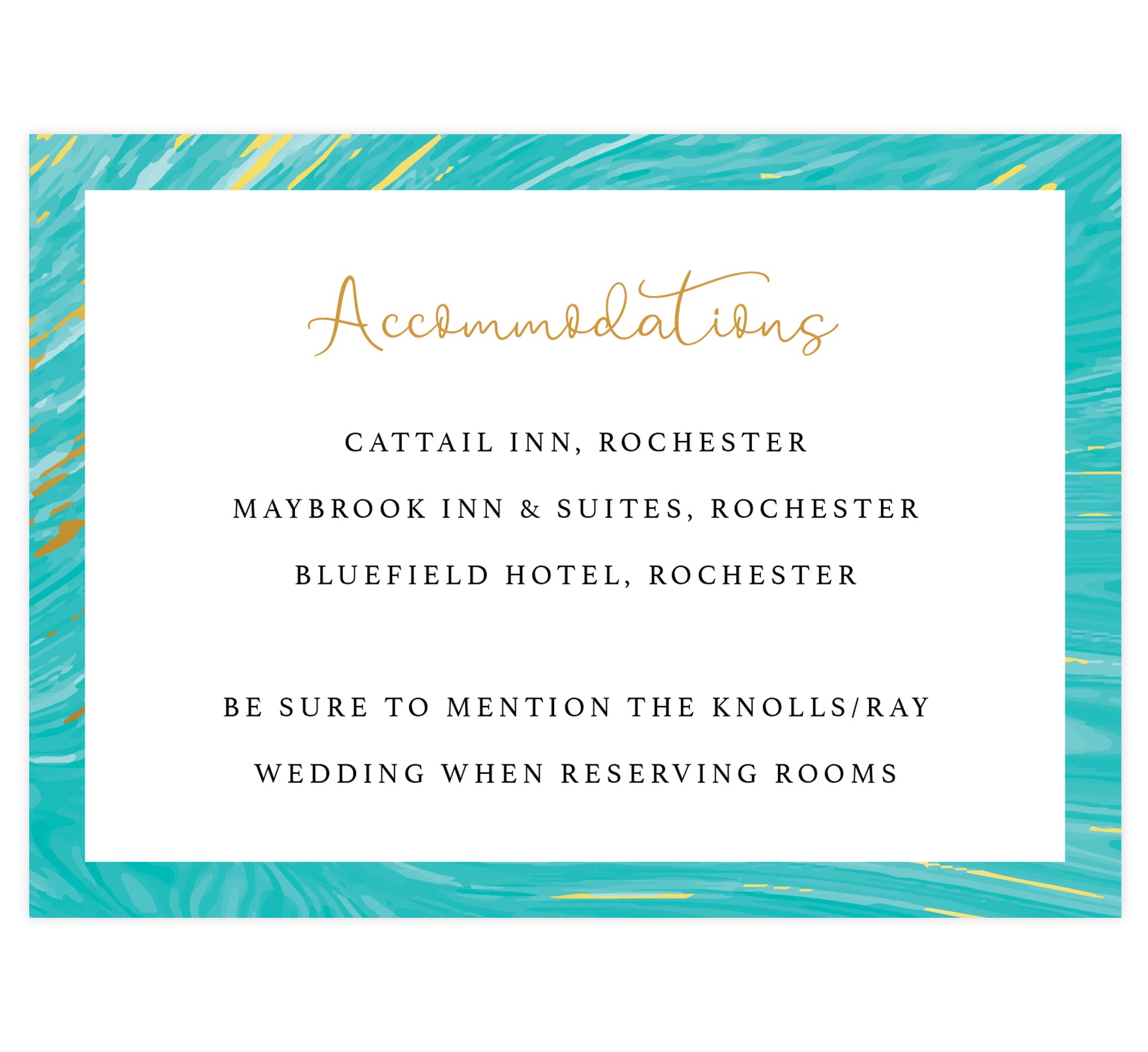 Teal and gold marble wedding accommodations/details card; white background with marble teal and gold frame on the outside edges, black and gold text