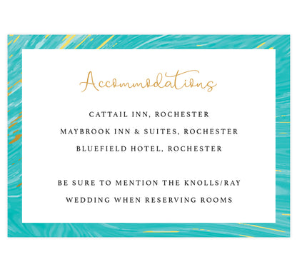 Teal and gold marble wedding accommodations/details card; white background with marble teal and gold frame on the outside edges, black and gold text