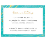 Load image into Gallery viewer, Teal and gold marble wedding accommodations/details card; white background with marble teal and gold frame on the outside edges, black and gold text

