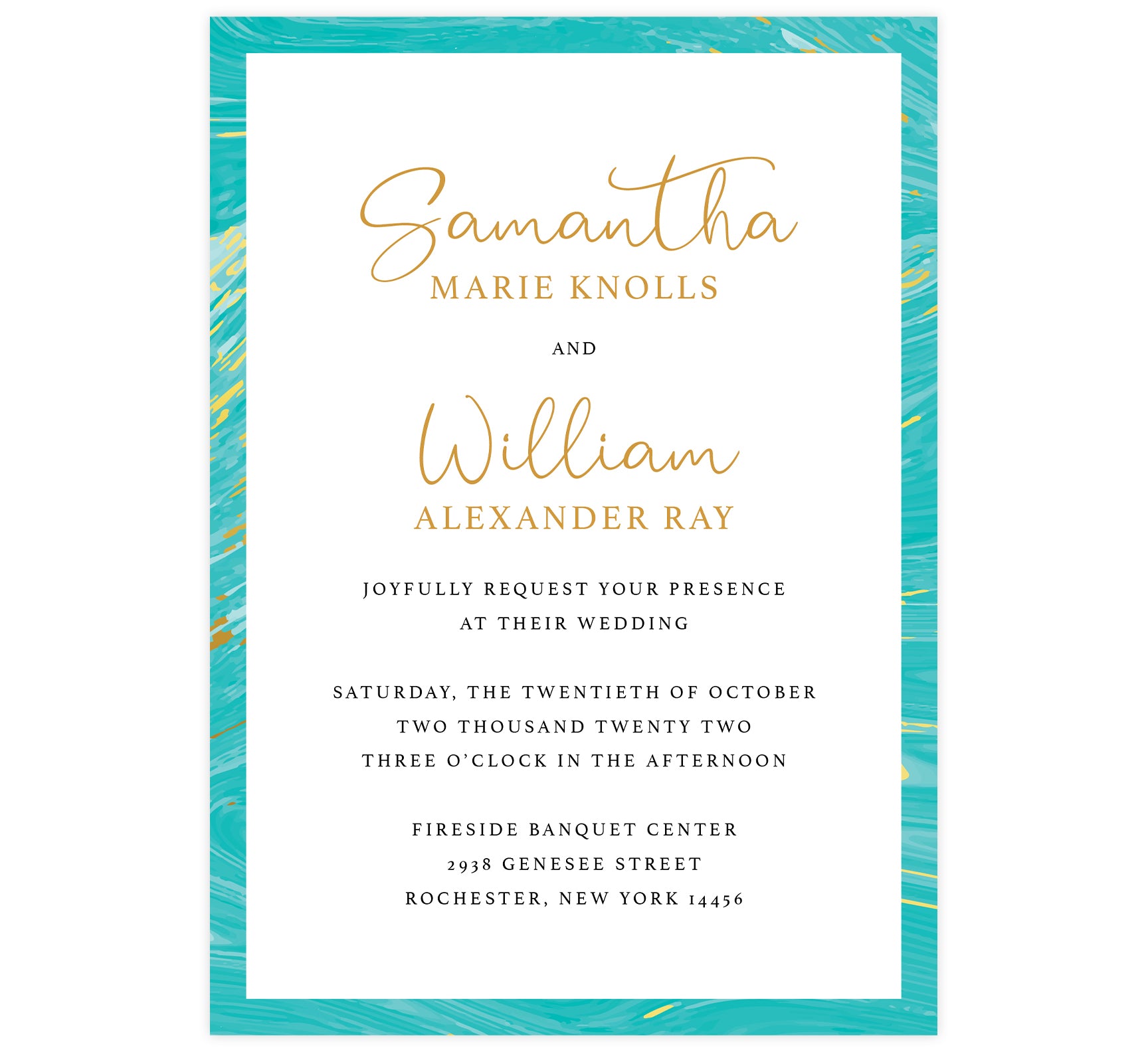Teal and gold marble wedding invitation; white background with marble teal and gold frame on the outside edges, black text with names in gold