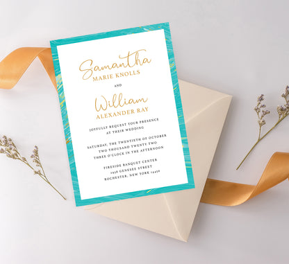 Teal and gold marble wedding invitation and set