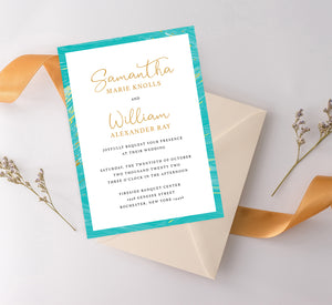 Teal and gold marble wedding invitation and set