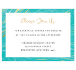 Load image into Gallery viewer, Teal and gold marble wedding reception card; white background with marble teal and gold frame on the outside edges, black and gold text
