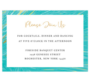Teal and gold marble wedding reception card; white background with marble teal and gold frame on the outside edges, black and gold text