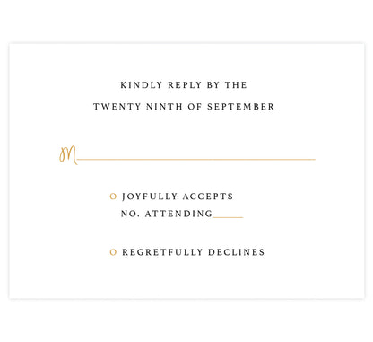 Teal and gold marble wedding response card; white background with black and gold text