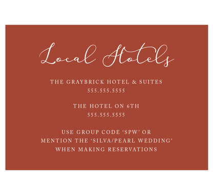 Romantic Pinks accommodation/detail cards; rust pink background with white text