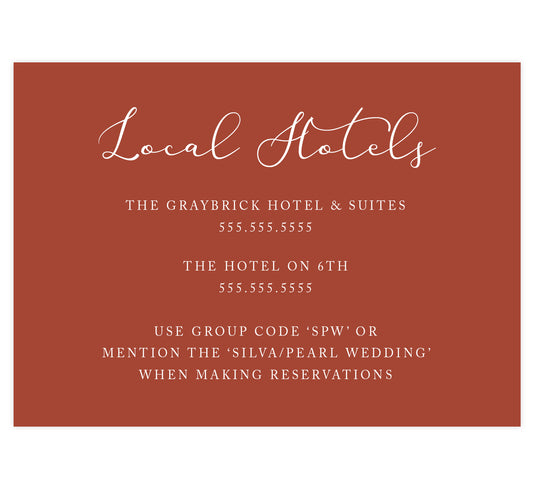Romantic Pinks accommodation/detail cards; rust pink background with white text