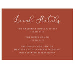Load image into Gallery viewer, Romantic Pinks accommodation/detail cards; rust pink background with white text
