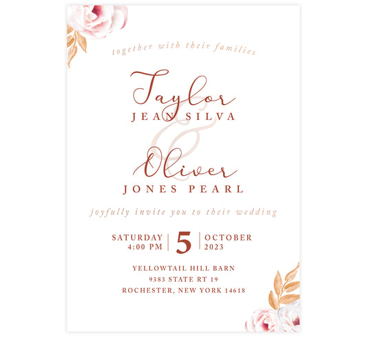 Romantic Pinks wedding invitation; a white background with text different shades of pinks and roses in opposing corners
