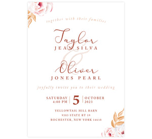 Romantic Pinks wedding invitation; a white background with text different shades of pinks and roses in opposing corners