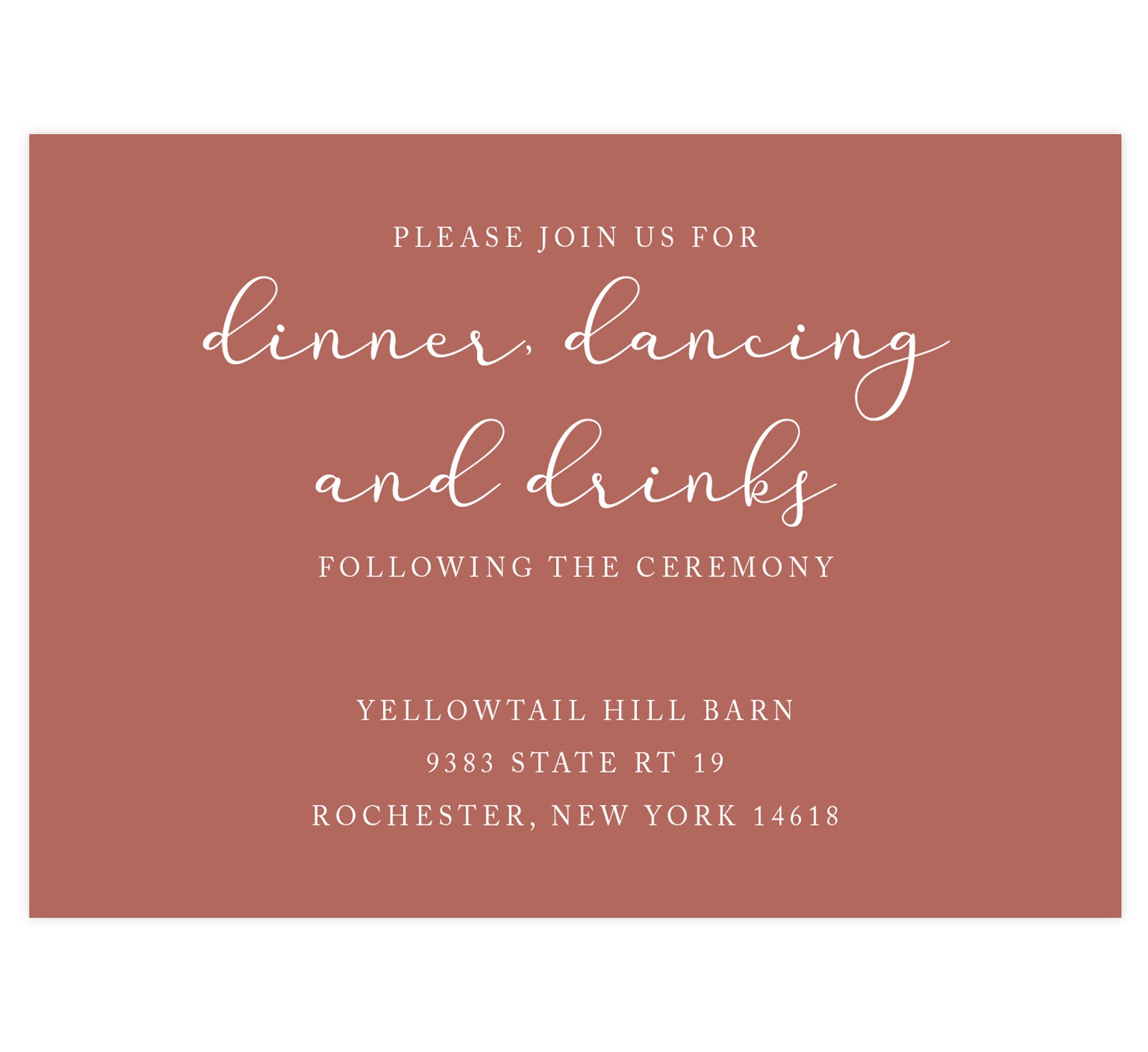 Romantic Pinks wedding reception card; light rust colored background with white text