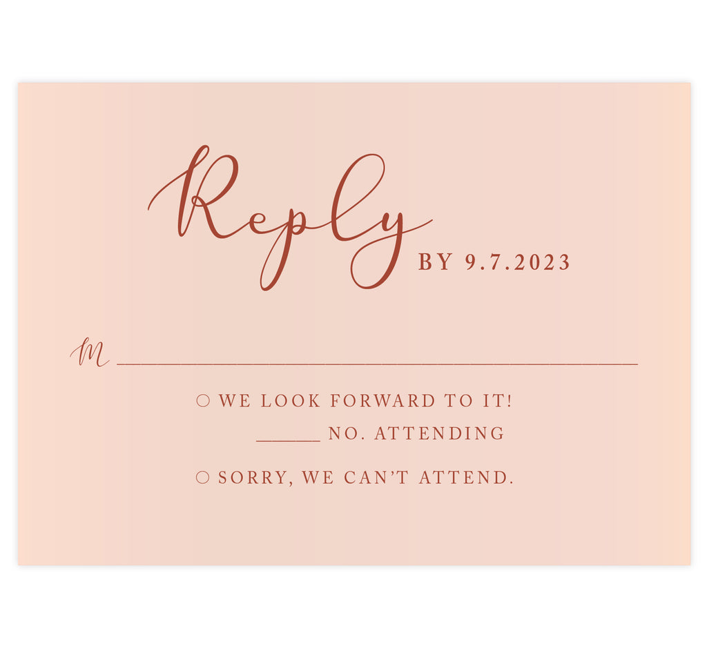 Romantic Pinks wedding response card; blush pink background with rust colored text