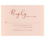 Load image into Gallery viewer, Romantic Pinks wedding response card; blush pink background with rust colored text
