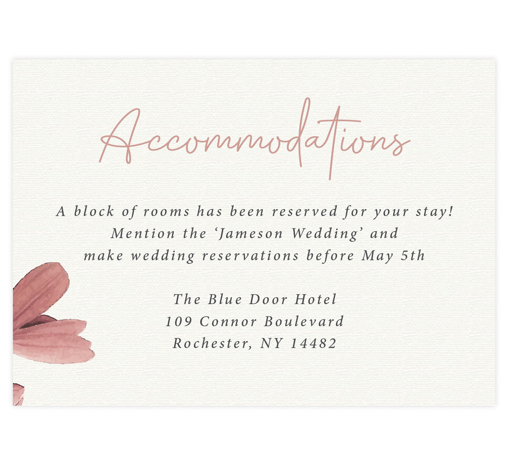 Always Love wedding detail/accommodations card; cream textured background with flower in the bottom left side with pink and black text