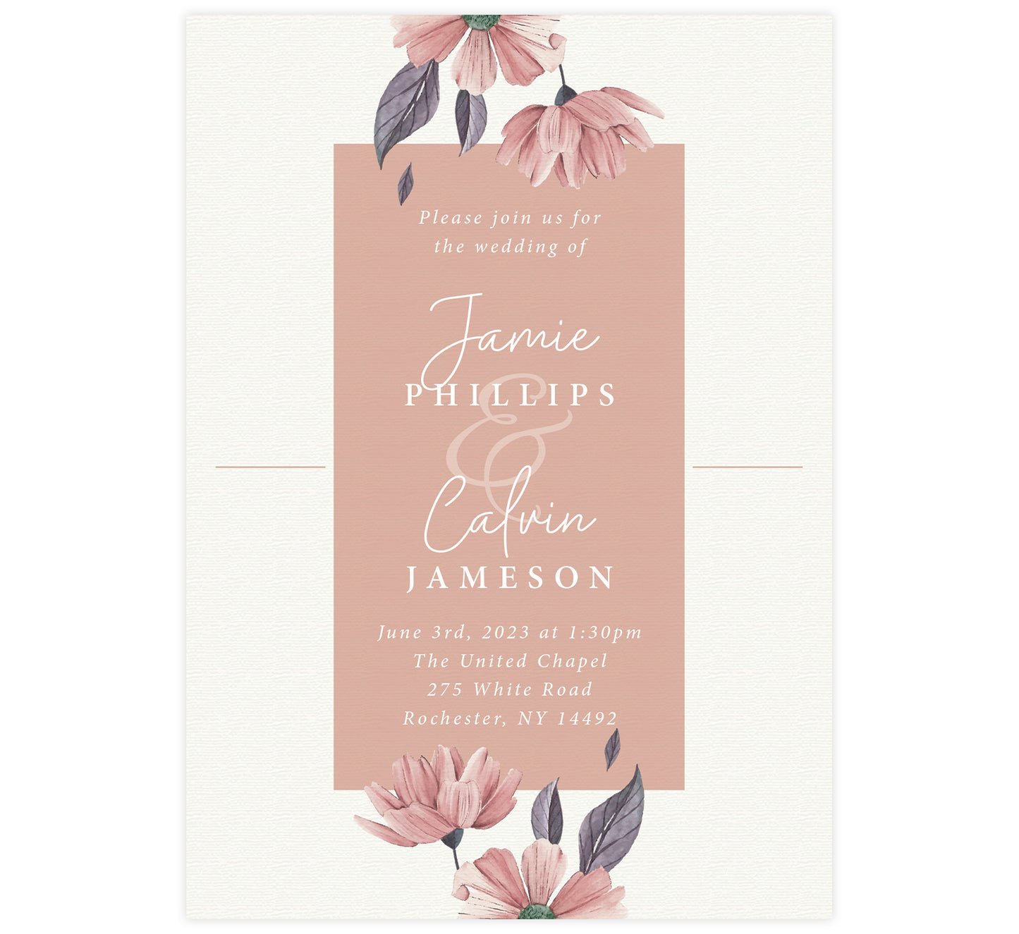 Always Love wedding invitation; textured cream background with pink box in the middle, watercolor pink flowers at the top and bottom and white text.