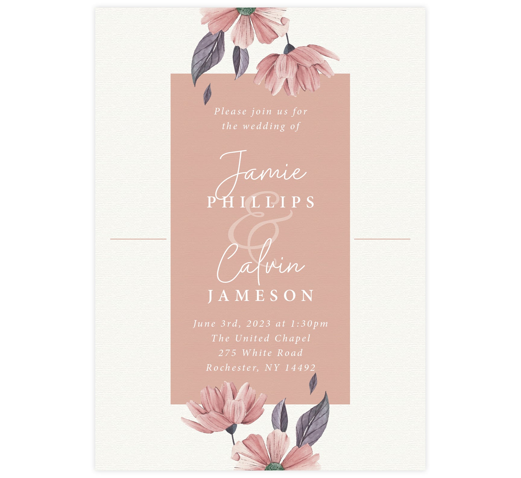 Always Love wedding invitation; textured cream background with pink box in the middle, watercolor pink flowers at the top and bottom and white text.
