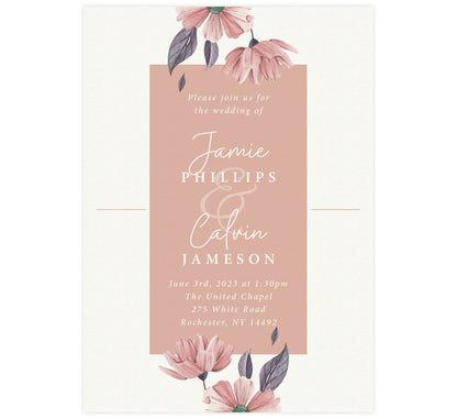 Always Love wedding invitation; textured cream background with pink box in the middle, watercolor pink flowers at the top and bottom and white text.