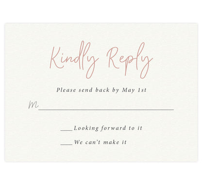 Always Love wedding response card; cream textured background with black and pink text