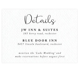 Hand Drawn Ceremony wedding accommodations/detail card; white textured background with black text
