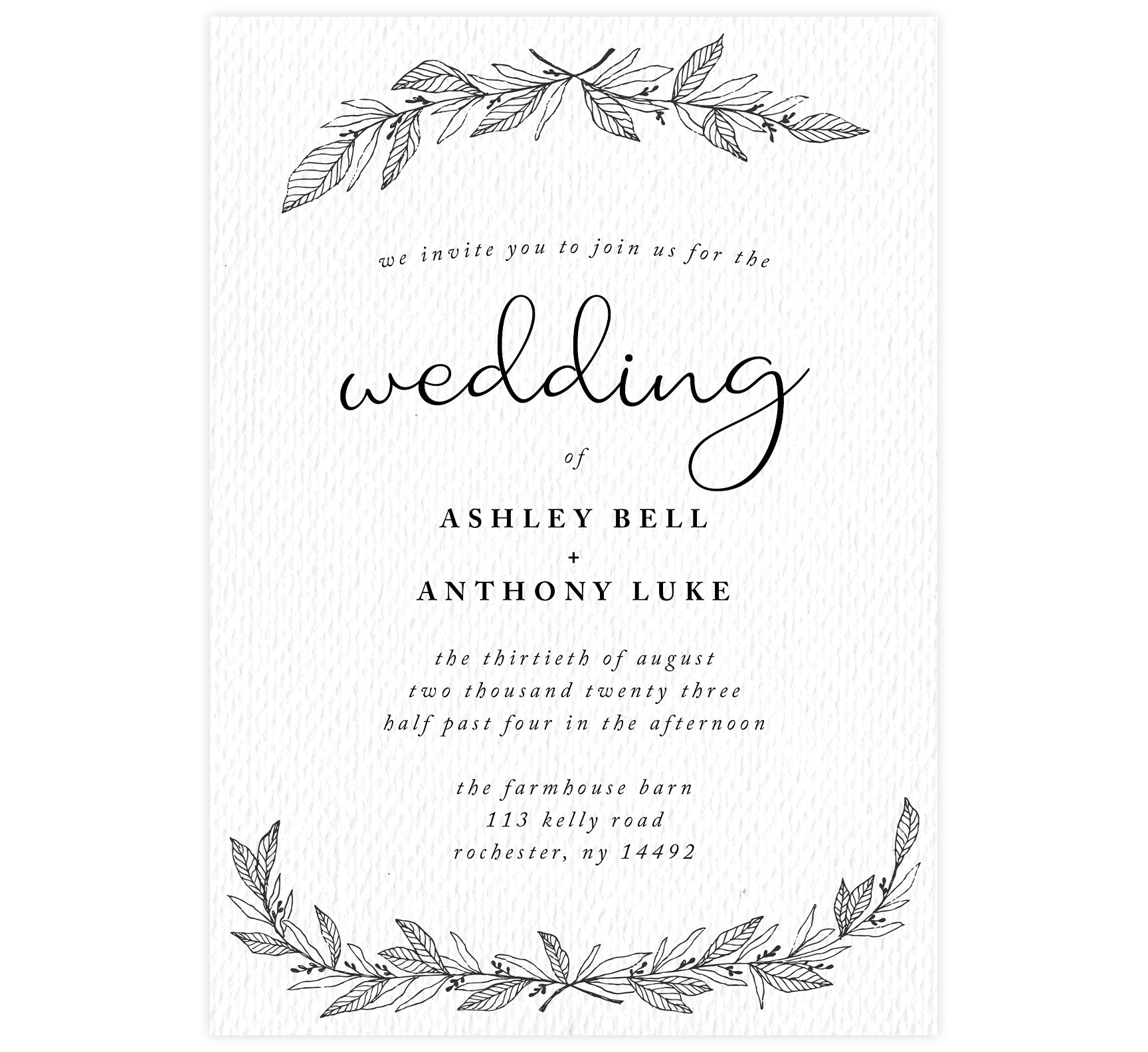Hand Drawn Ceremony wedding invitation; textured white background with hand drawn leaves at the top and bottom and black text
