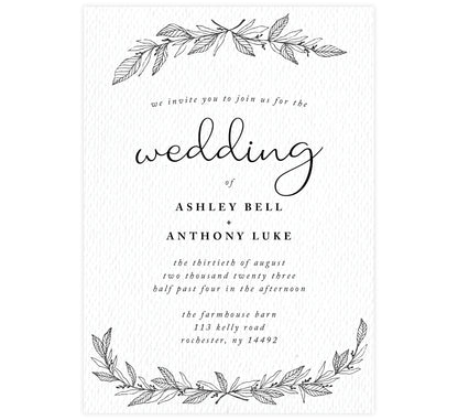 Hand Drawn Ceremony wedding invitation; textured white background with hand drawn leaves at the top and bottom and black text