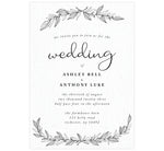 Load image into Gallery viewer, Hand Drawn Ceremony wedding invitation; textured white background with hand drawn leaves at the top and bottom and black text
