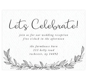 Hand Drawn Ceremony wedding reception card; white textured background with black text and hand drawn leaves at the bottom