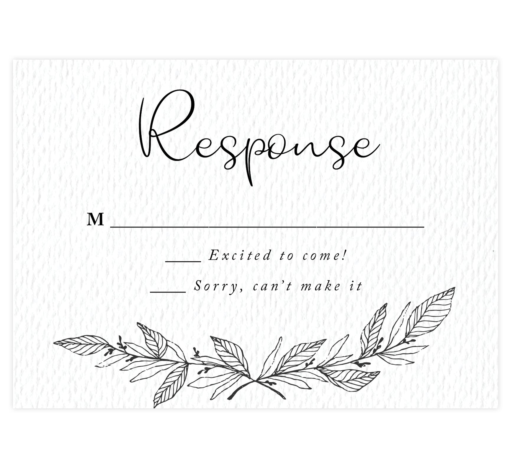 Hand Drawn Ceremony wedding response card; white textured background with hand drawn leaves at the bottom and black text