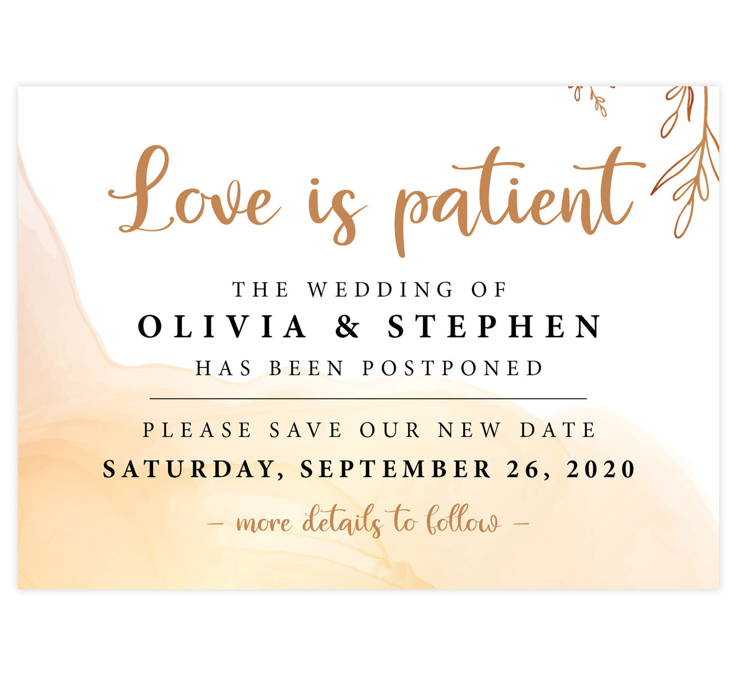 Gold Watercolor Postponed Card