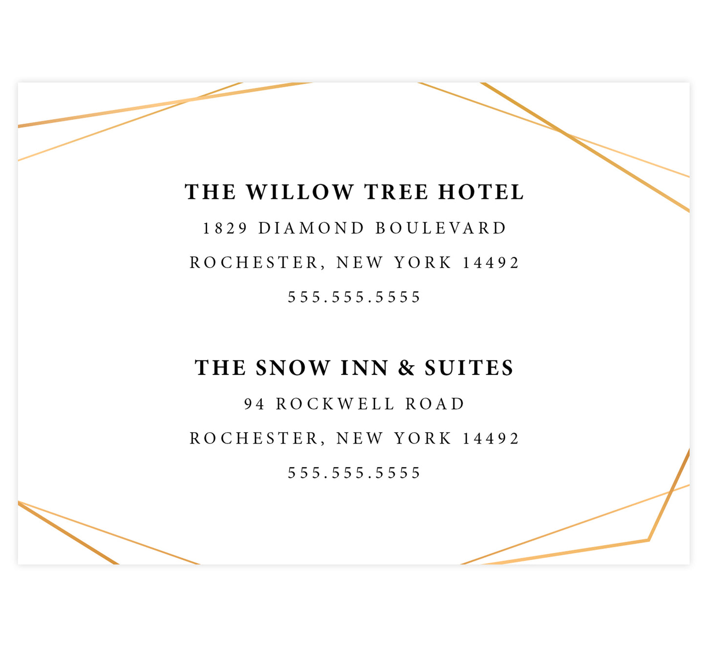 Coral Flowers wedding accommodations/detail card; white background with black text and gold frame around the edges.