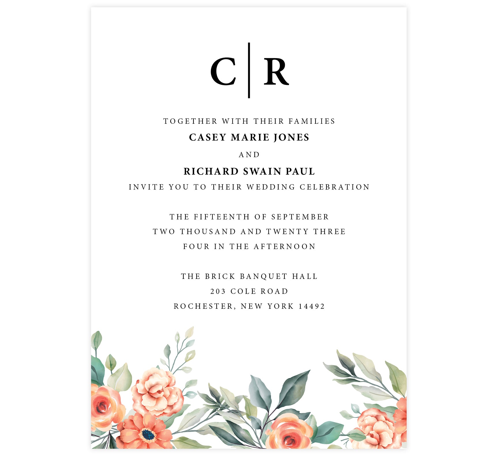 Coral Flowers wedding invitation; white background with black text and coral flowers at the bottom edge