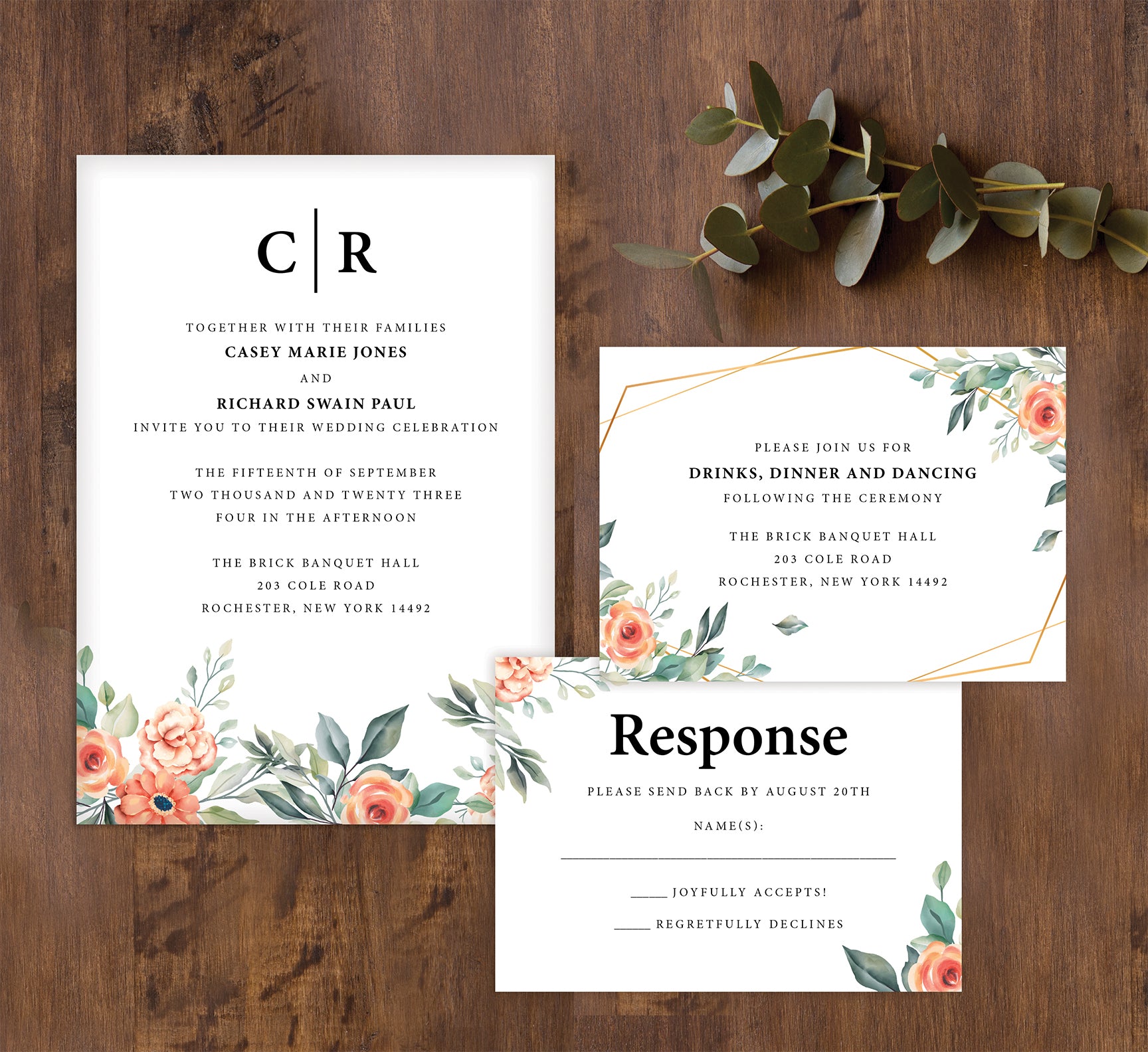 Coral Flowers wedding invitation and set mockup