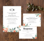 Load image into Gallery viewer, Coral Flowers wedding invitation and set mockup
