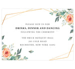 Load image into Gallery viewer, Coral Flowers wedding reception card; white background with gold frame and coral florals on the left and right edges with black text
