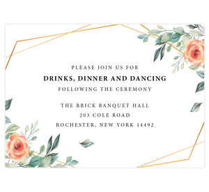 Coral Flowers wedding reception card; white background with gold frame and coral florals on the left and right edges with black text