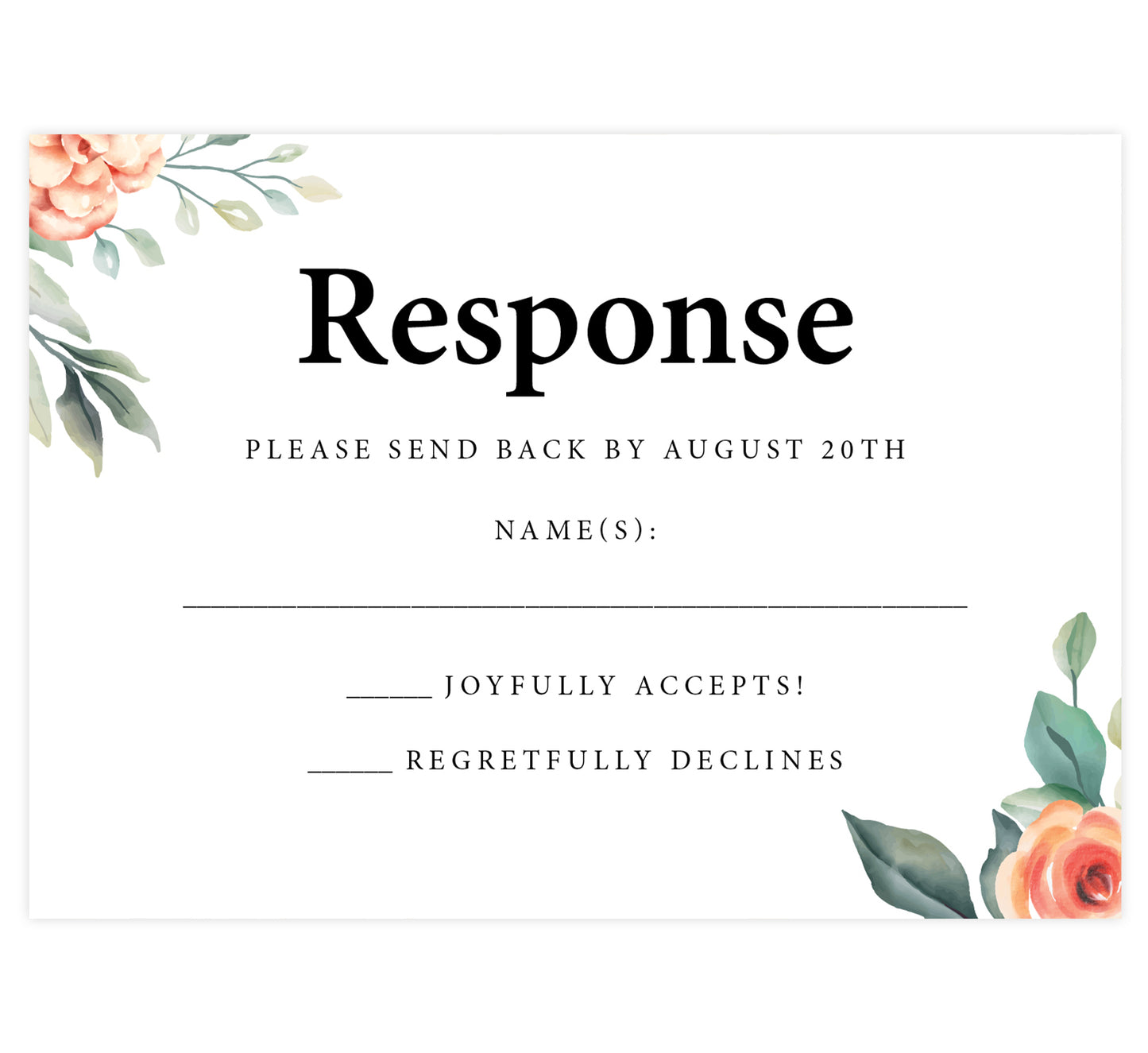 Coral Flowers wedding response card; white background with coral florals on the bottom right and top left corners with black text