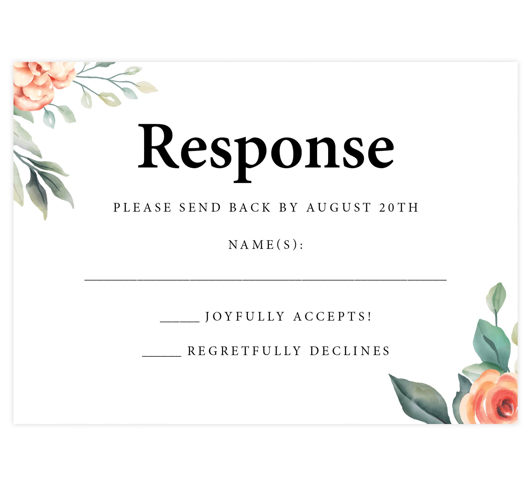 Coral Flowers wedding response card; white background with coral florals on the bottom right and top left corners with black text