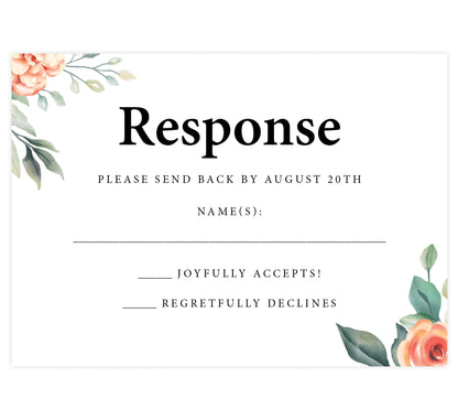 Coral Flowers wedding response card; white background with coral florals on the bottom right and top left corners with black text