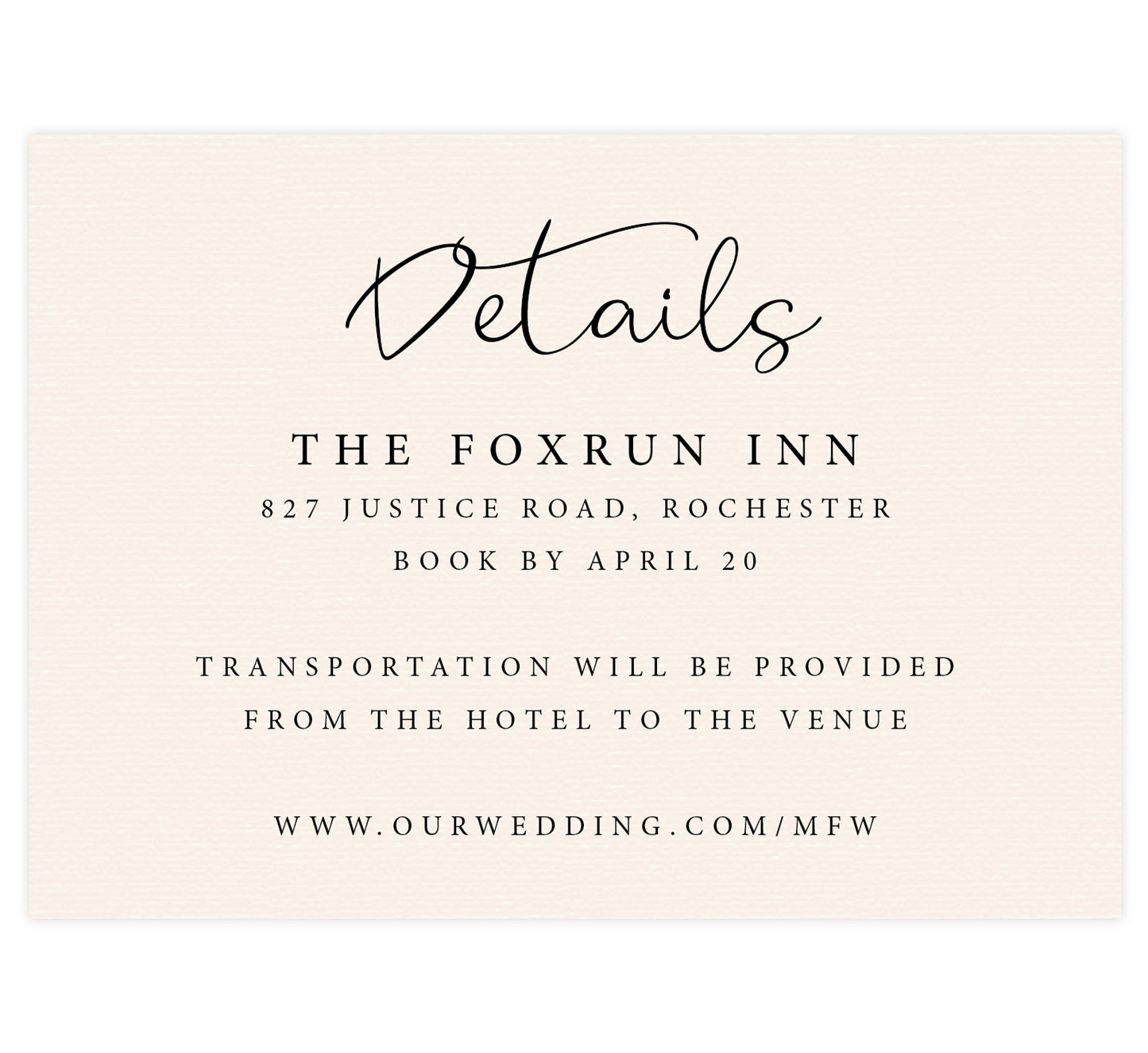 Elegant Celebration wedding accommodations/detail card; textured cream background with black text