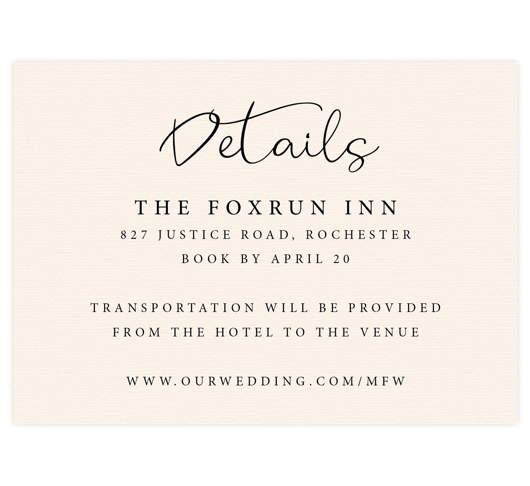 Elegant Celebration wedding accommodations/detail card; textured cream background with black text