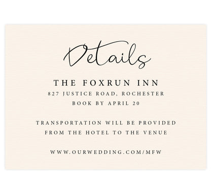 Elegant Celebration wedding accommodations/detail card; textured cream background with black text