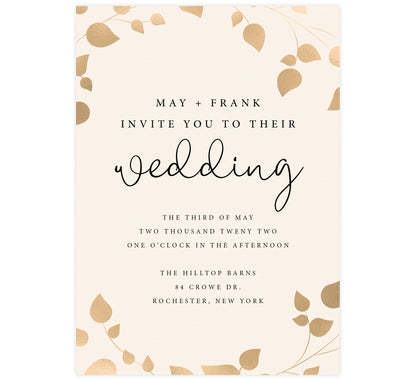 Elegant Celebration Wedding invitation; cream textured background with gold leaves around the edges and black text