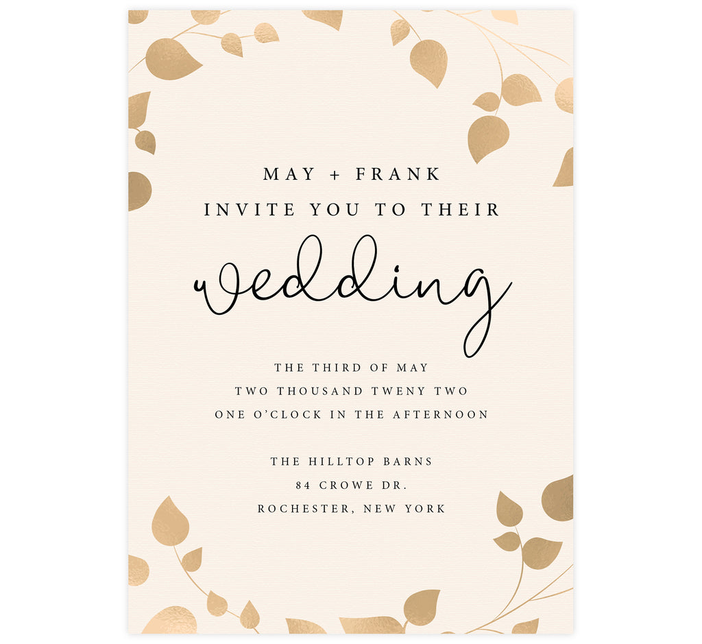 Elegant Celebration Wedding invitation; cream textured background with gold leaves around the edges and black text