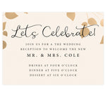 Load image into Gallery viewer, Elegant Celebration wedding reception card; cream textured background with gold leaves on the top edge and black text
